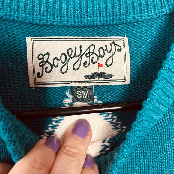 Bogey Boys Teal and White Argyle Sweater Diamond Golf Top Men’s Size Small NEW - Picture 3 of 7